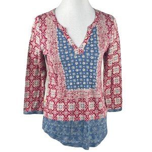 Lucky Brand Boho Printed Top Maroon Blue Off White Small